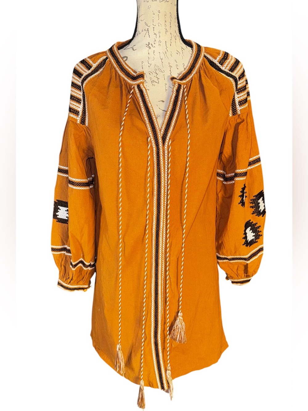 Velzera Bohemian Aztec Embroidered Tassel Tunic Dress